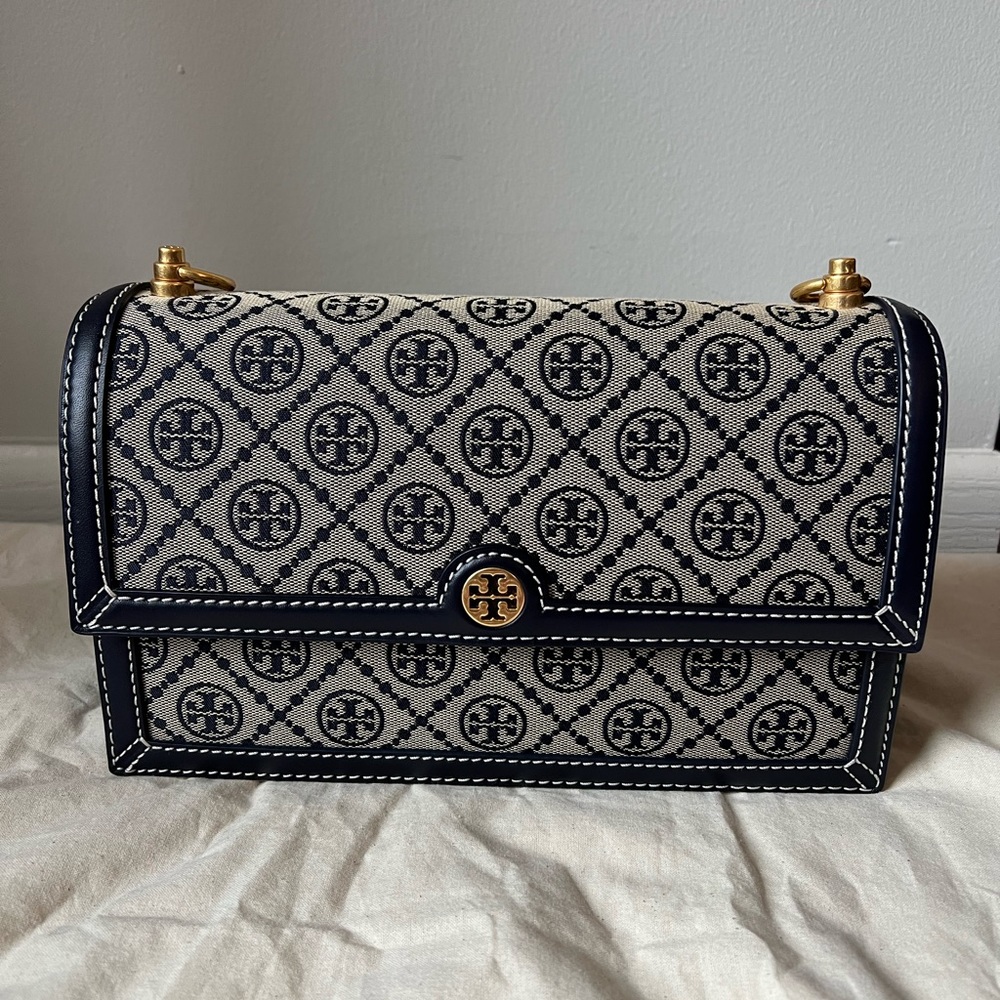 Tory Burch Navy T-Monogram Jacquard Shoulder Bag